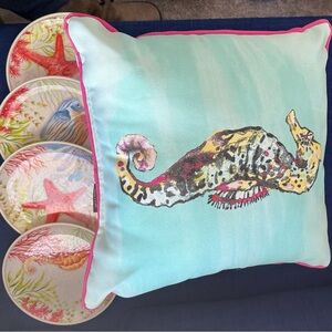 2 Allen&Roth  Sea Horse Pillows/4 Better Homes & Garden plates/ocean themed gift